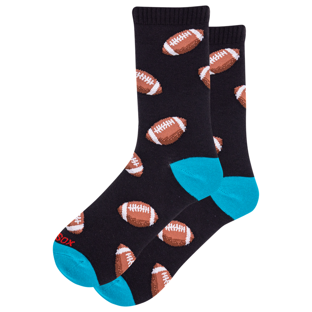 Black socks with football pattern and blue toes on a white background