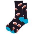 Black socks with football pattern and blue toes on a white background