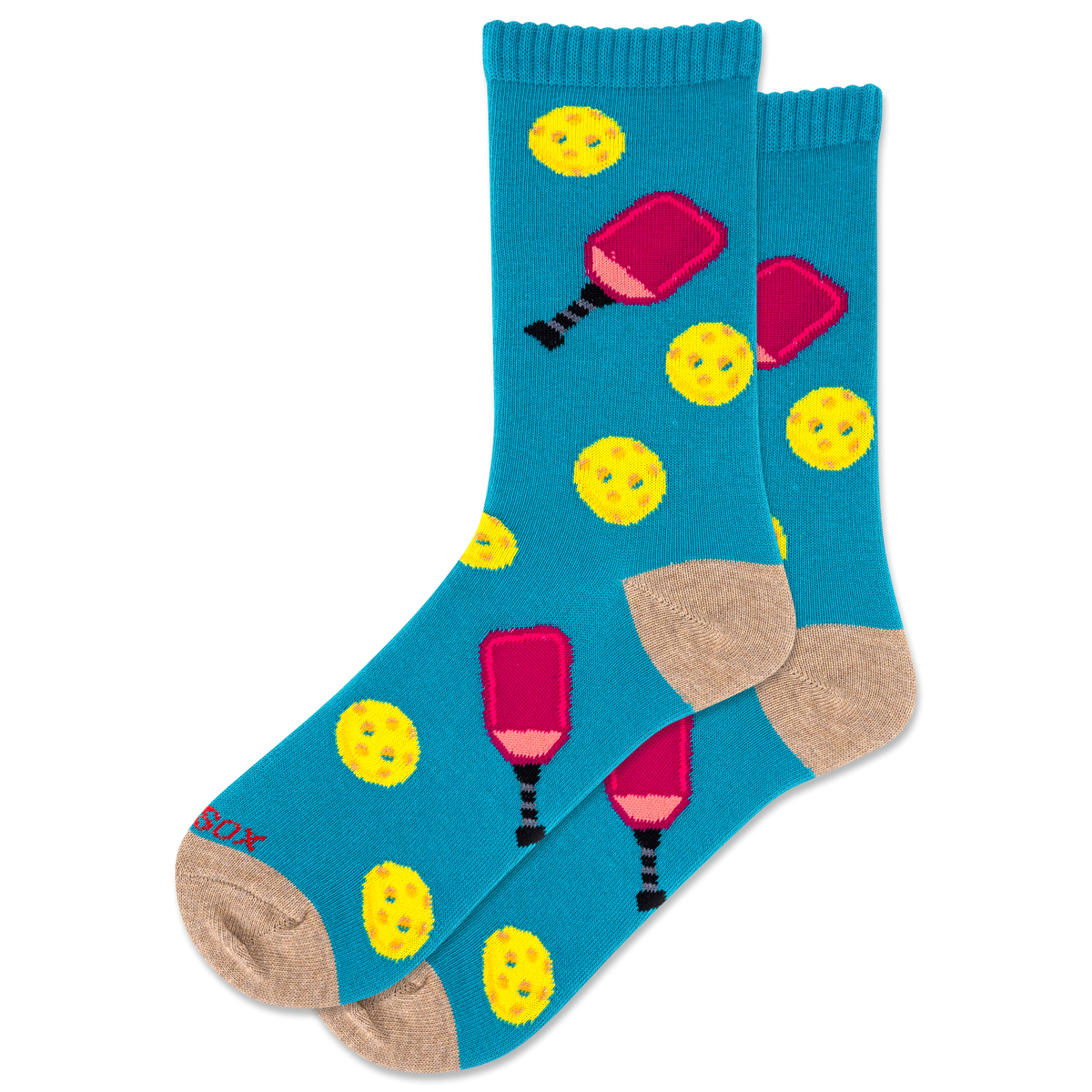Women's blue socks featuring a pickleball pattern.