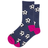 Pair of socks with soccer ball pattern and pink toes on a white background thumbnail