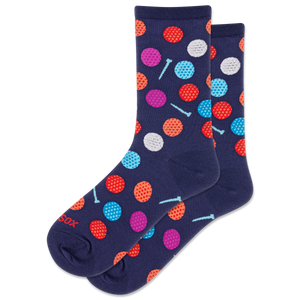 Navy socks with colorful gold ball pattern on a white background