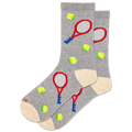 Gray socks with tennis racket and ball designs on a white background