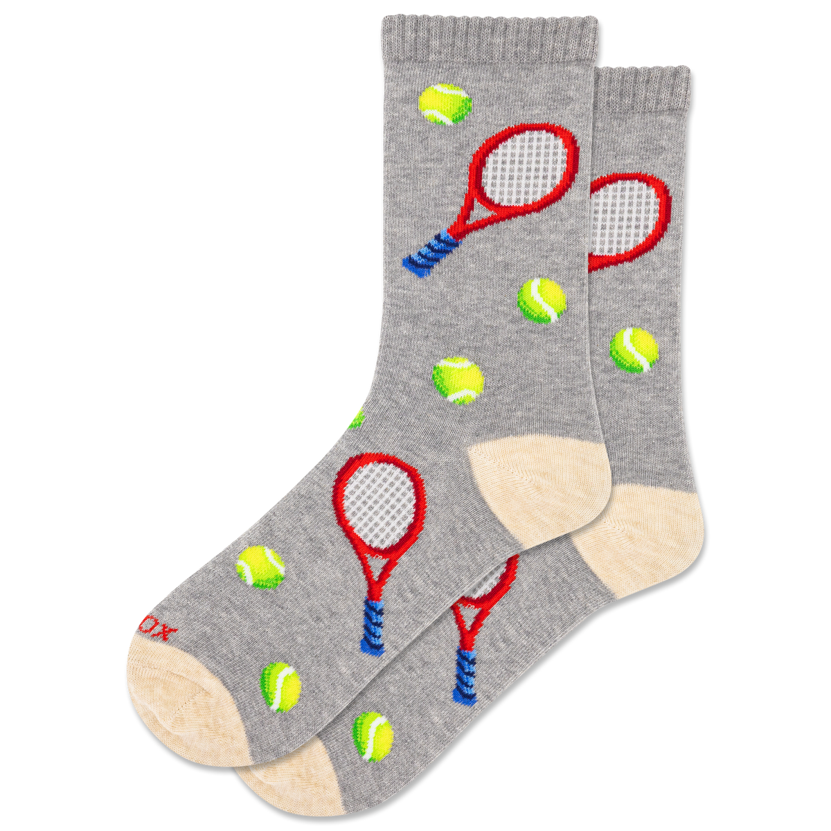 Gray socks with tennis racket and ball designs on a white background