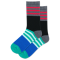 Two pairs of striped socks in black, gray, red, blue, and green on a white background.