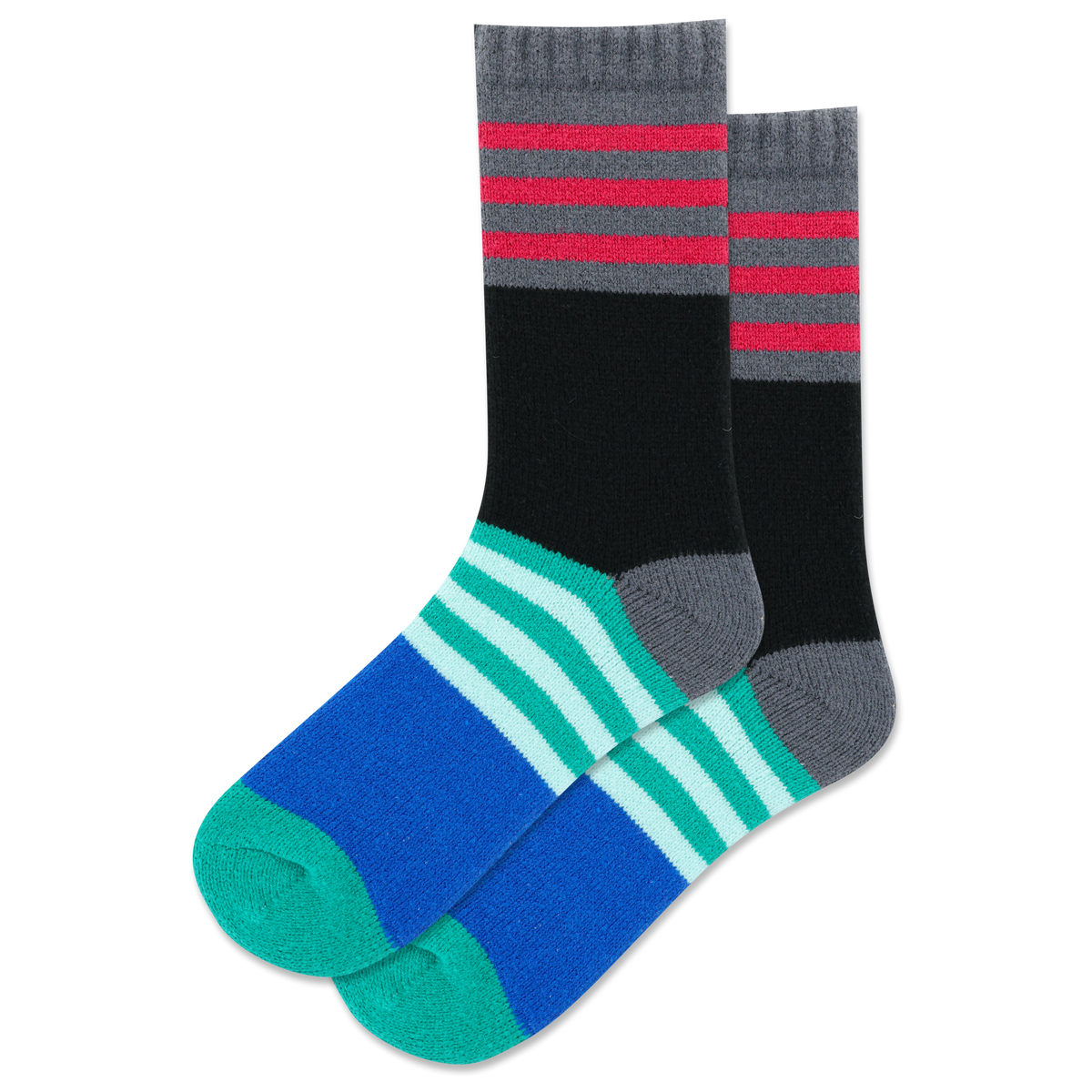 Two pairs of striped socks in black, gray, red, blue, and green on a white background.