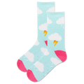 Colorful socks with cloud and lightning bolt patterns on a light blue background