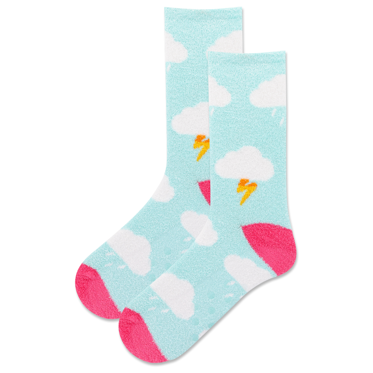 Colorful socks with cloud and lightning bolt patterns on a light blue background