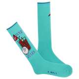 A pair of blue crew socks with a golf-themed design, including a silhouette of a golf ball and a club, and text reading '19th HOLE RULES'.