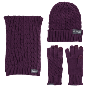 Purple knit hat, scarf, and gloves set with Jeep logo on a white background