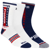 A pack of three pair of Jeep men's crew socks with an Americana design, featuring red, white, and blue colors and Jeep branding.
