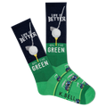 Green and navy socks with golf ball and club design, featuring 'Life is Better on the Green' text.