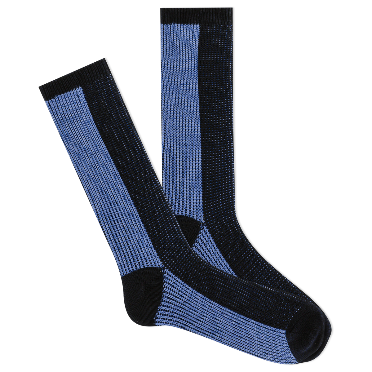 Pair of blue and black socks on a white background