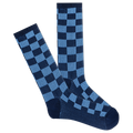 Pair of blue and navy checkered socks on a white background