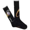 A pair of K.Bell men's active golf crew socks in black with a gold and green design, featuring a golf ball and tees and the phrase 'Fooore!"