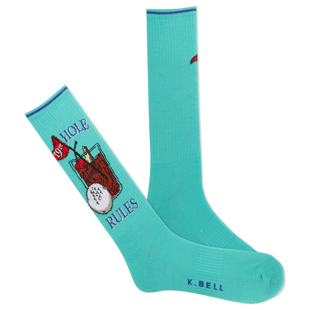 A pair of blue crew socks with a golf-themed design, including a silhouette of a golf ball and a club, and text reading '19th HOLE RULES'.