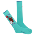 A pair of blue crew socks with a golf-themed design, including a silhouette of a golf ball and a club, and text reading '19th HOLE RULES'.