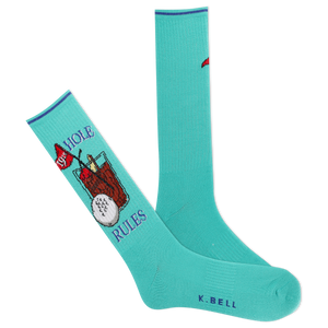 A pair of blue crew socks with a golf-themed design, including a silhouette of a golf ball and a club, and text reading '19th HOLE RULES'.