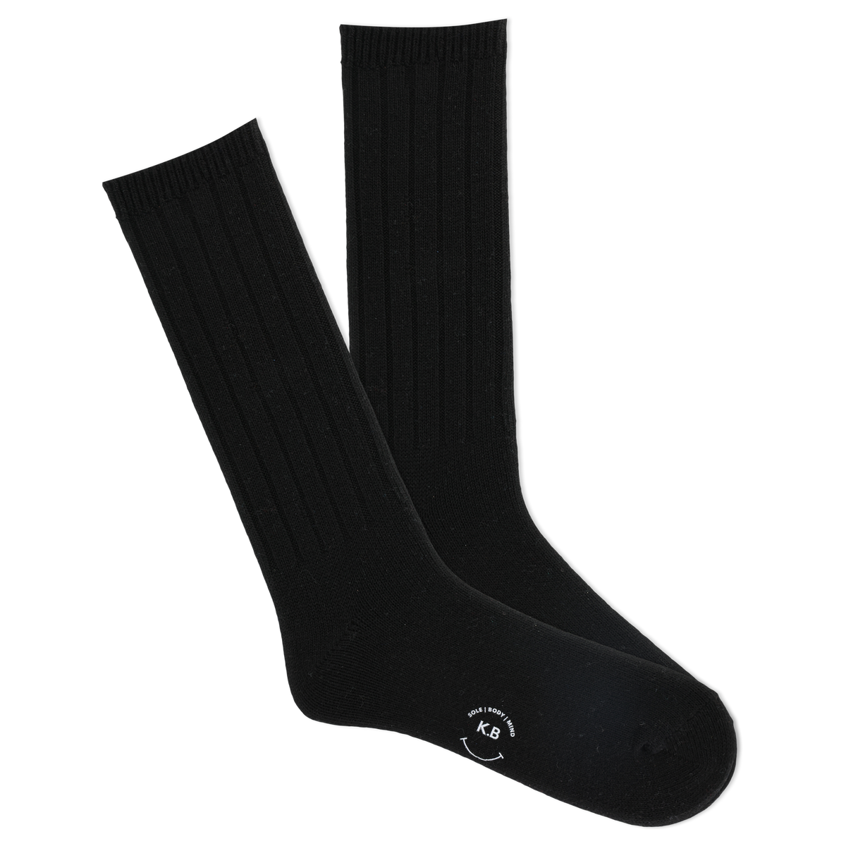 A pair of K.Bell men's classic ribbed crew socks in black color, featuring a comfortable fit and wide ribbed design.