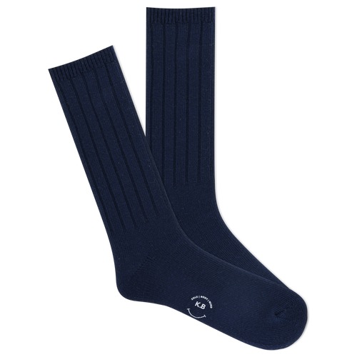 A pair of K.Bell men's classic ribbed crew socks in navy color, featuring a comfortable fit and wide ribbed design.