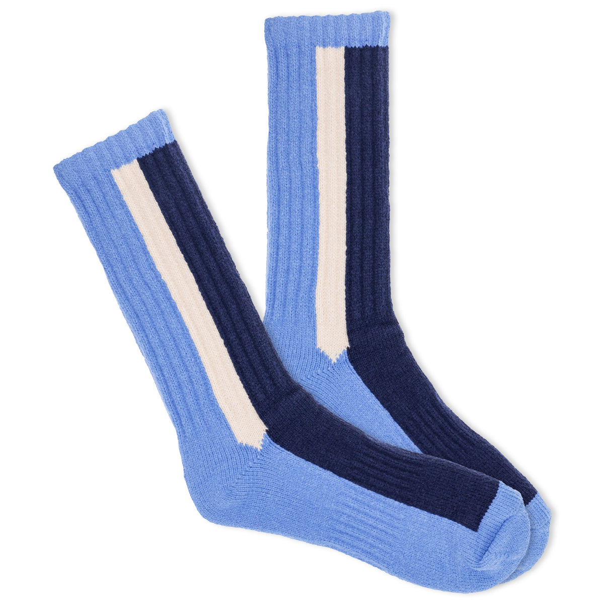 A pair of men's ski socks with blue color blocks and white stripes on a white background.