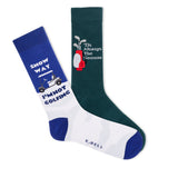 Two pairs of socks with humorous golf designs and text on a white background