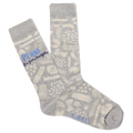 Gray socks with a pattern and 'K. Bell' branding on a white background