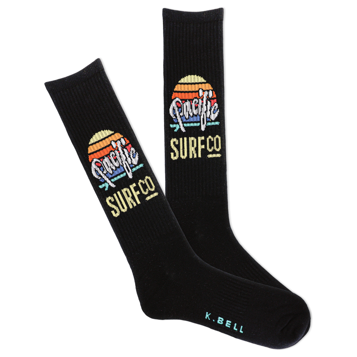 Black socks with Pacific Surf Co logo on a white background
