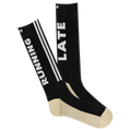 A pair of black and beige crew socks with 'RUNNING LATE' text and stripes.