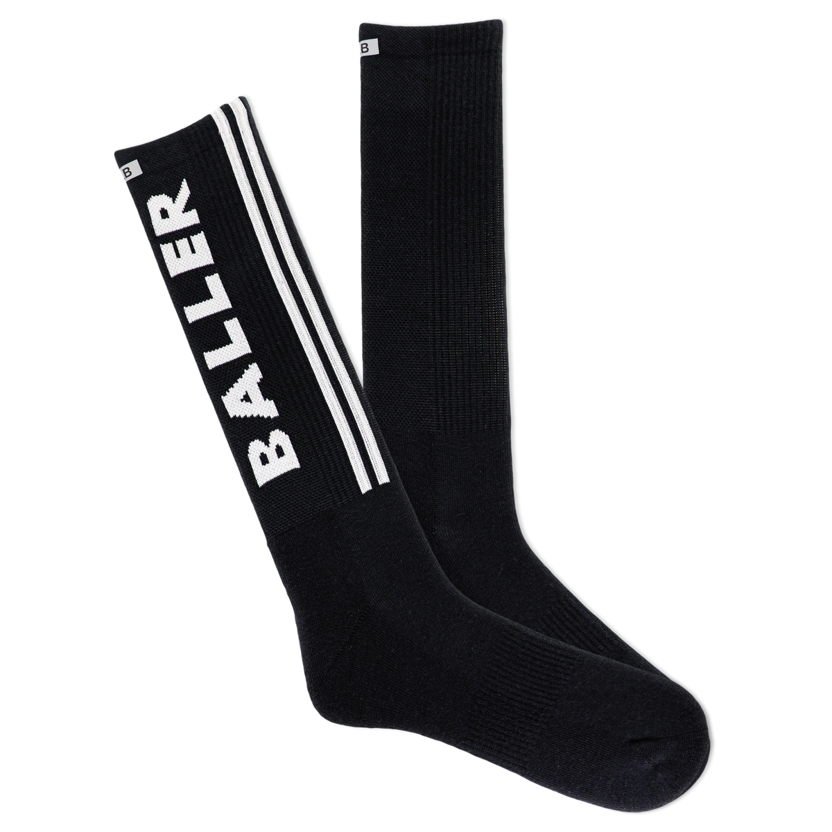 A pair of black crew socks with the word 'Baller' written in white on the side, featuring reflective logo, arch support, and cushioned sole.