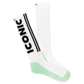 A pair of white crew socks with green accents and the text 'ICONIC' printed on the side, featuring a reflective logo.