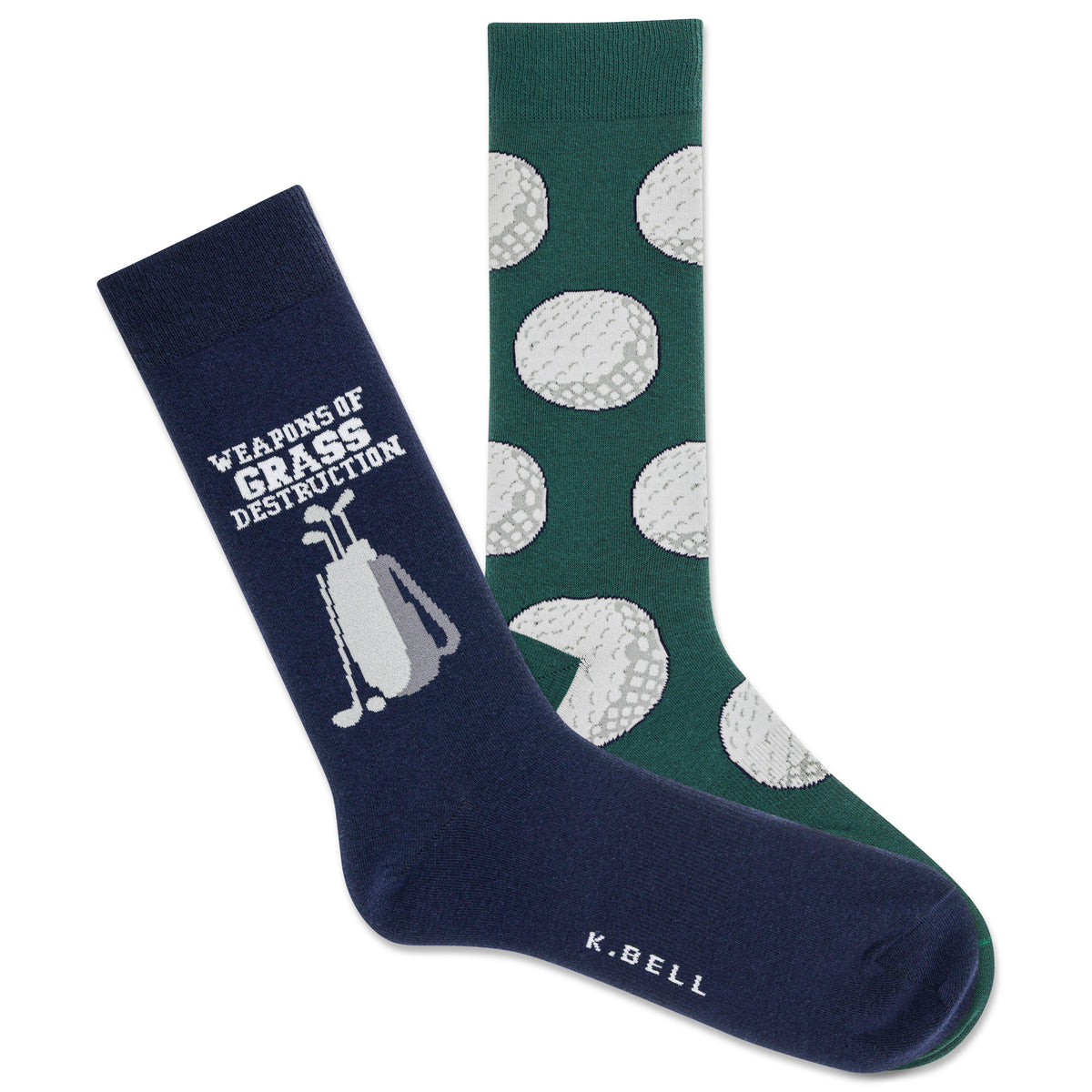 Two pairs of socks with different golf designs on a white background
