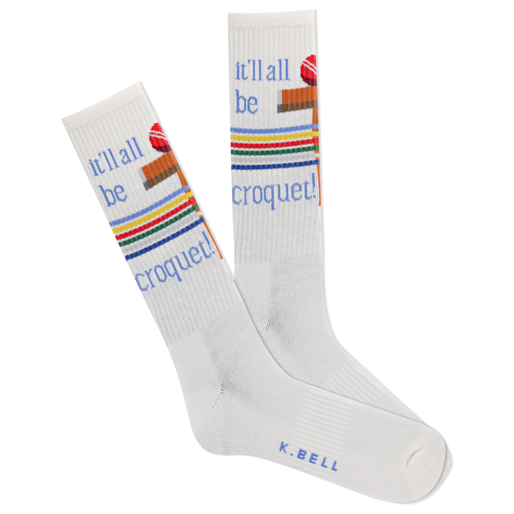 K.Bell men's active crew socks with stripes and the phrase 'it'll all be croquet'