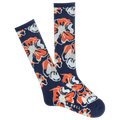 A pair of men's crew socks with a tropical floral print in blue, white, and orange.