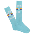A pair of blue crew socks with a rainbow-colored stripe and the text 'This is love' displayed on the ankle area.