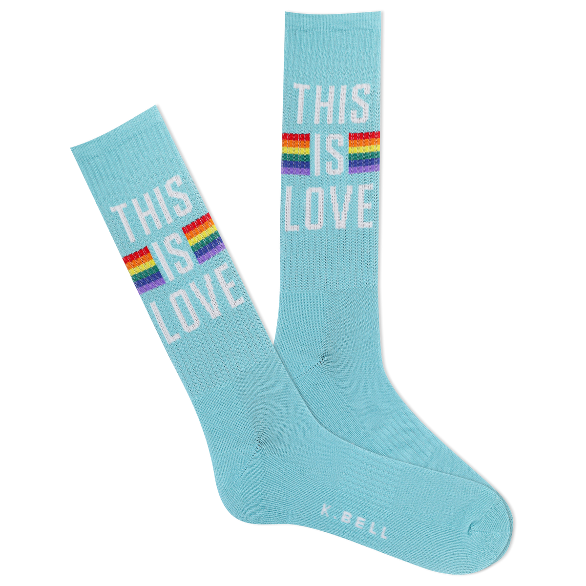 A pair of blue crew socks with a rainbow-colored stripe and the text 'This is love' displayed on the ankle area.