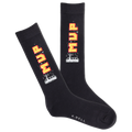 Black socks with orange and white text and graphics on a white background