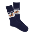 Navy socks with horse and rider design and 'Marco' branding on a white background