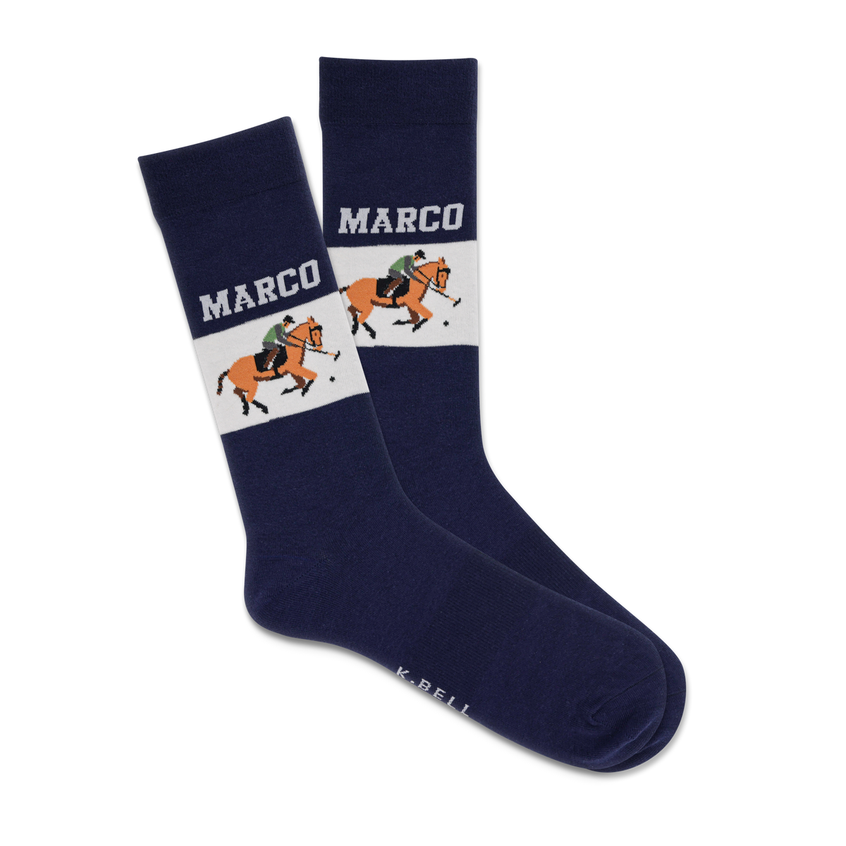 Navy socks with horse and rider design and 'Marco' branding on a white background