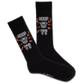 Black socks with orange and white designs saying 'hoop there it is' with a basketball net on a white background