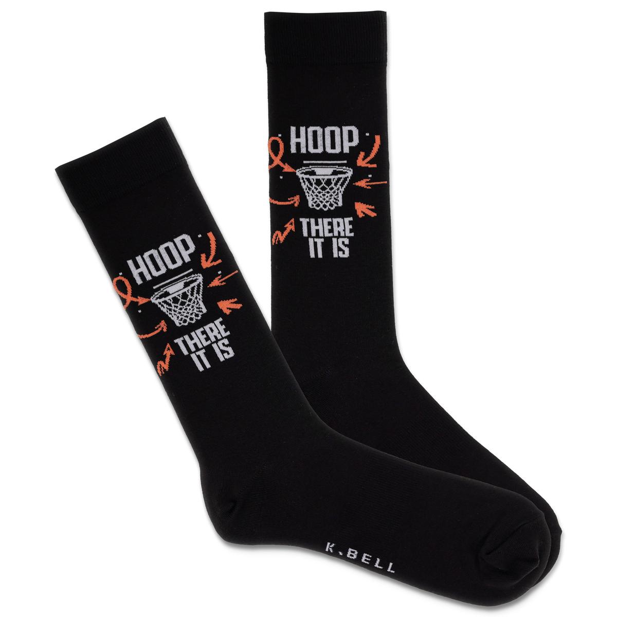 Black socks with orange and white designs saying 'hoop there it is' with a basketball net on a white background