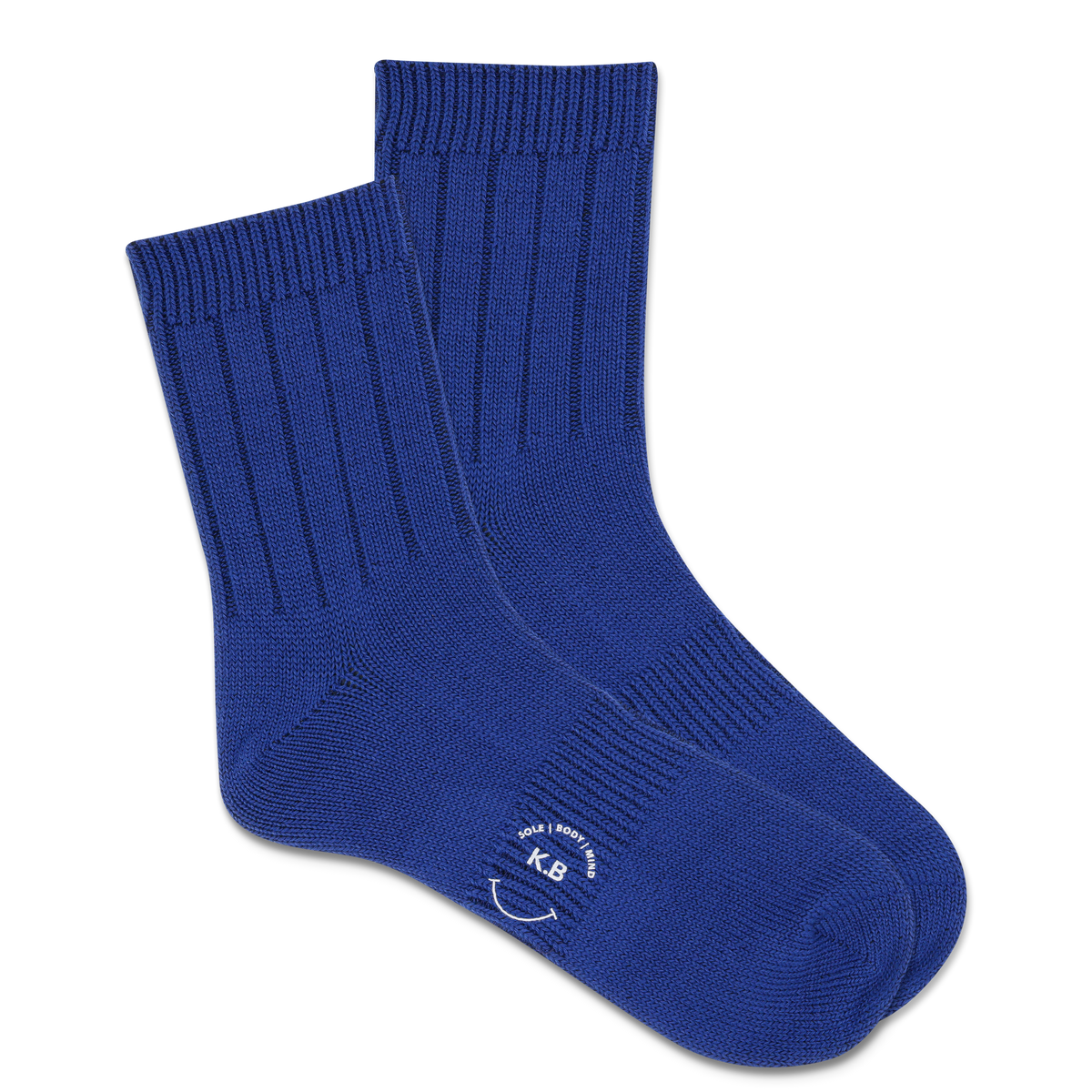 Pair of blue socks with a K.Bell logo on a white background