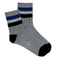 A pair of men's short crew socks with a striped pattern in gray, black, and blue colors.