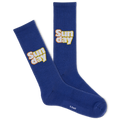A pair of blue crew socks with the text 'SUNDAY' and a bell logo on the side.