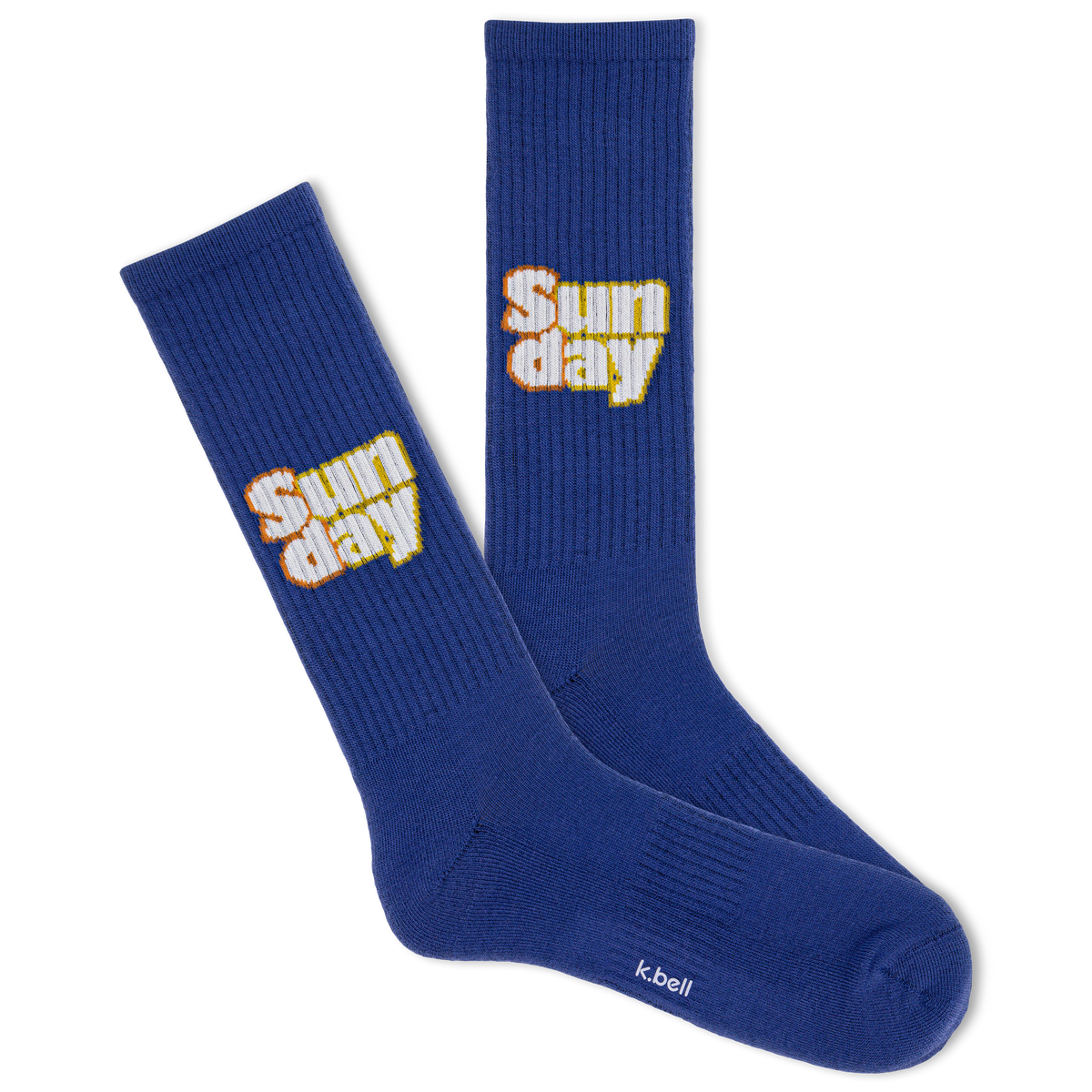A pair of blue crew socks with the text 'SUNDAY' and a bell logo on the side.
