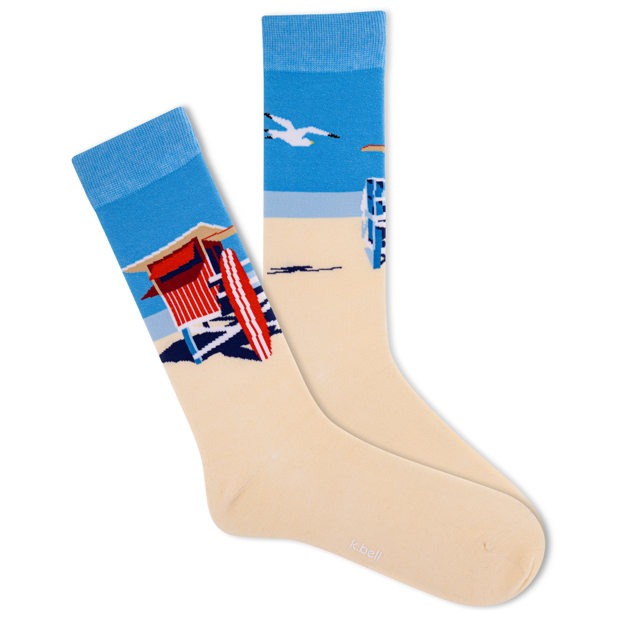 Beige sock with a beach scene design featuring a lifeguard tower and blue sky.