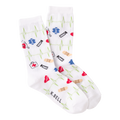 White socks with medical-themed designs and 'K. Bell' branding on a white background