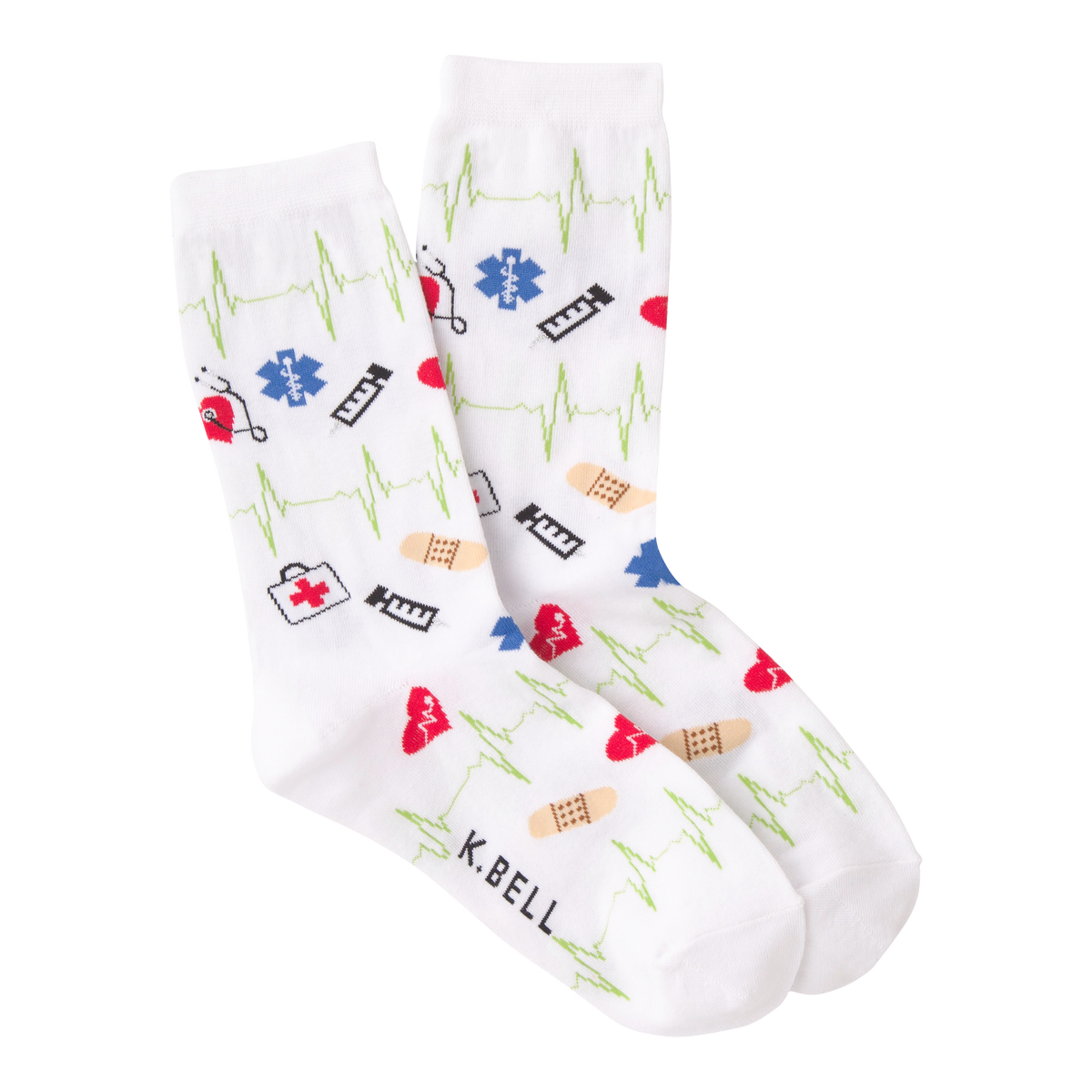 White socks with medical-themed designs and 'K. Bell' branding on a white background