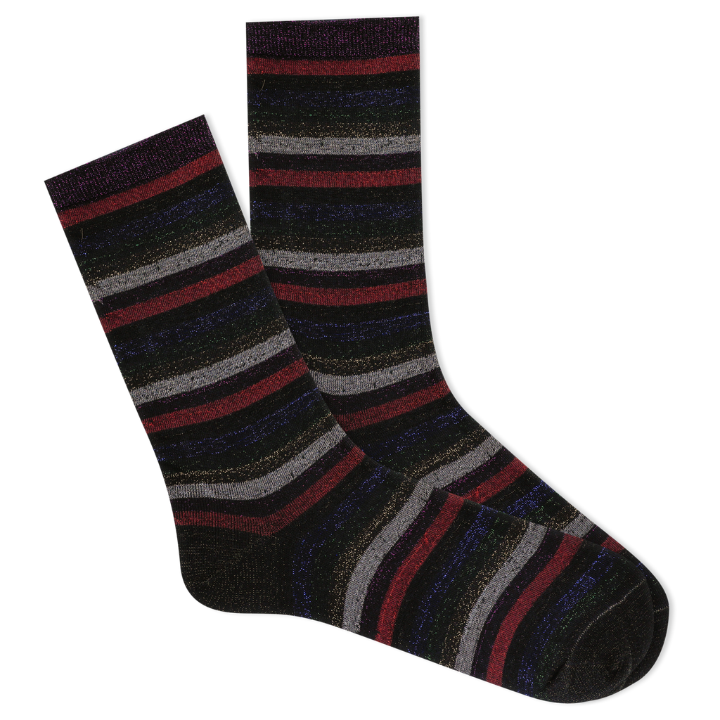 Pair of striped socks with metallic red, gray, and black colors on a white background