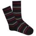 Pair of striped socks with metallic red, gray, and black colors on a white background