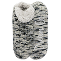 Pair of gray and black patterned slippers with white fleece lining on a white background
